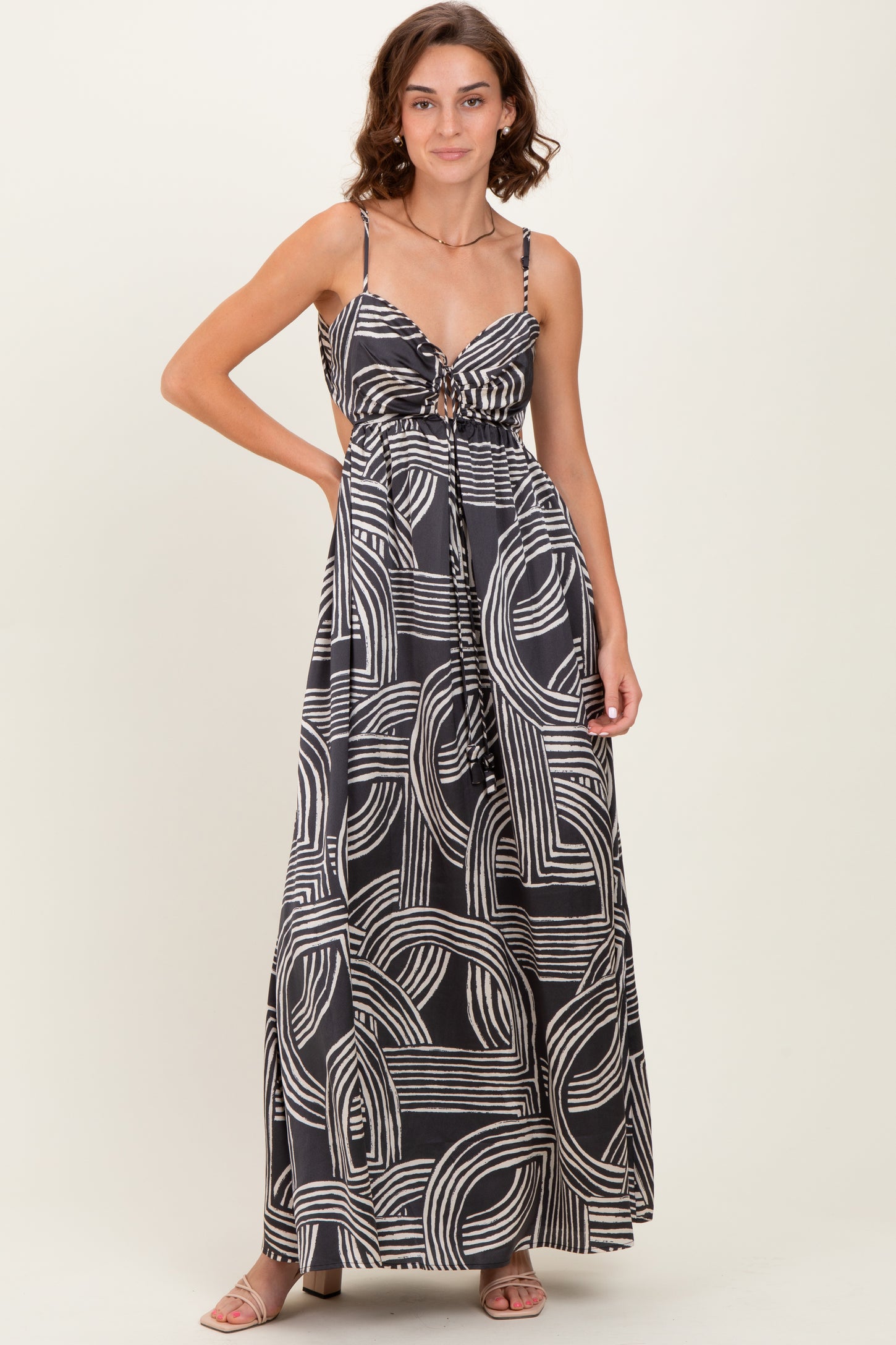 Black Printed Halter Cutout Tie Back Maternity Maxi Dress
