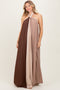 Brown Colorblock Pleated Halter Neck Maxi Dress