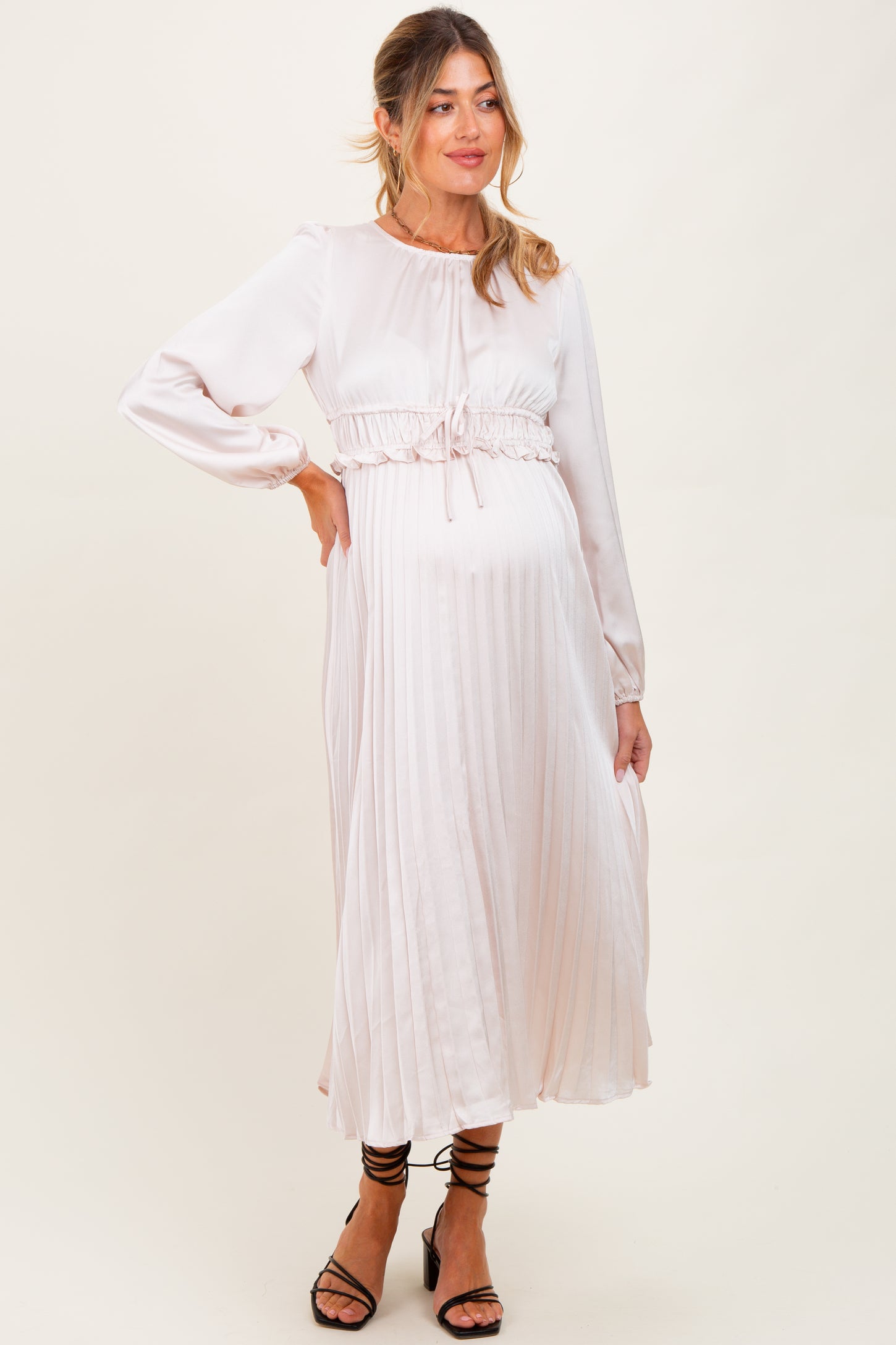 Cream Pleated Empire Waist Maternity Midi Dress