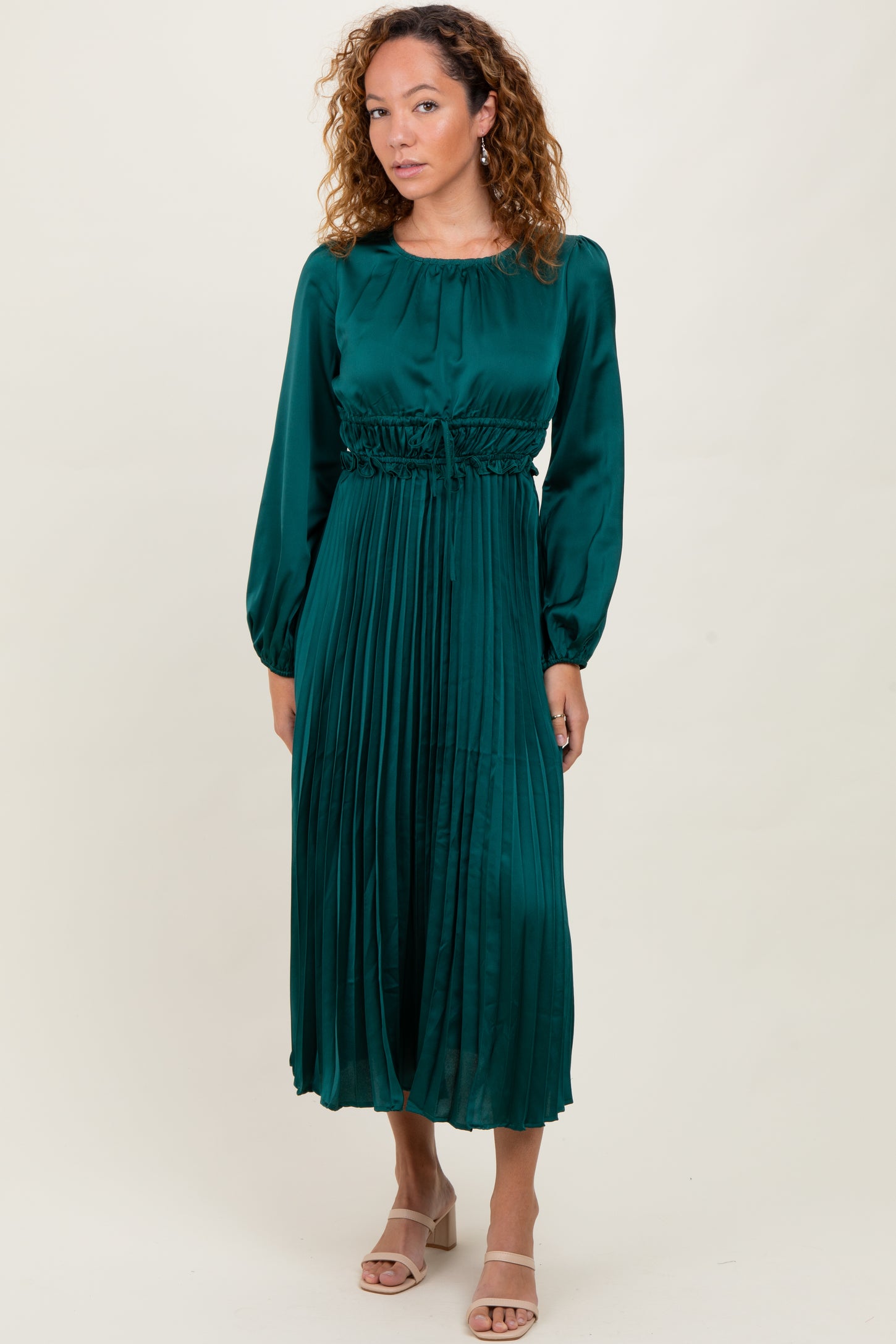 Forest Green Pleated Satin Smocked Waist Maternity Midi Dress