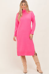 Pink Turtleneck Chunky Knit Maternity Midi Sweater Dress
