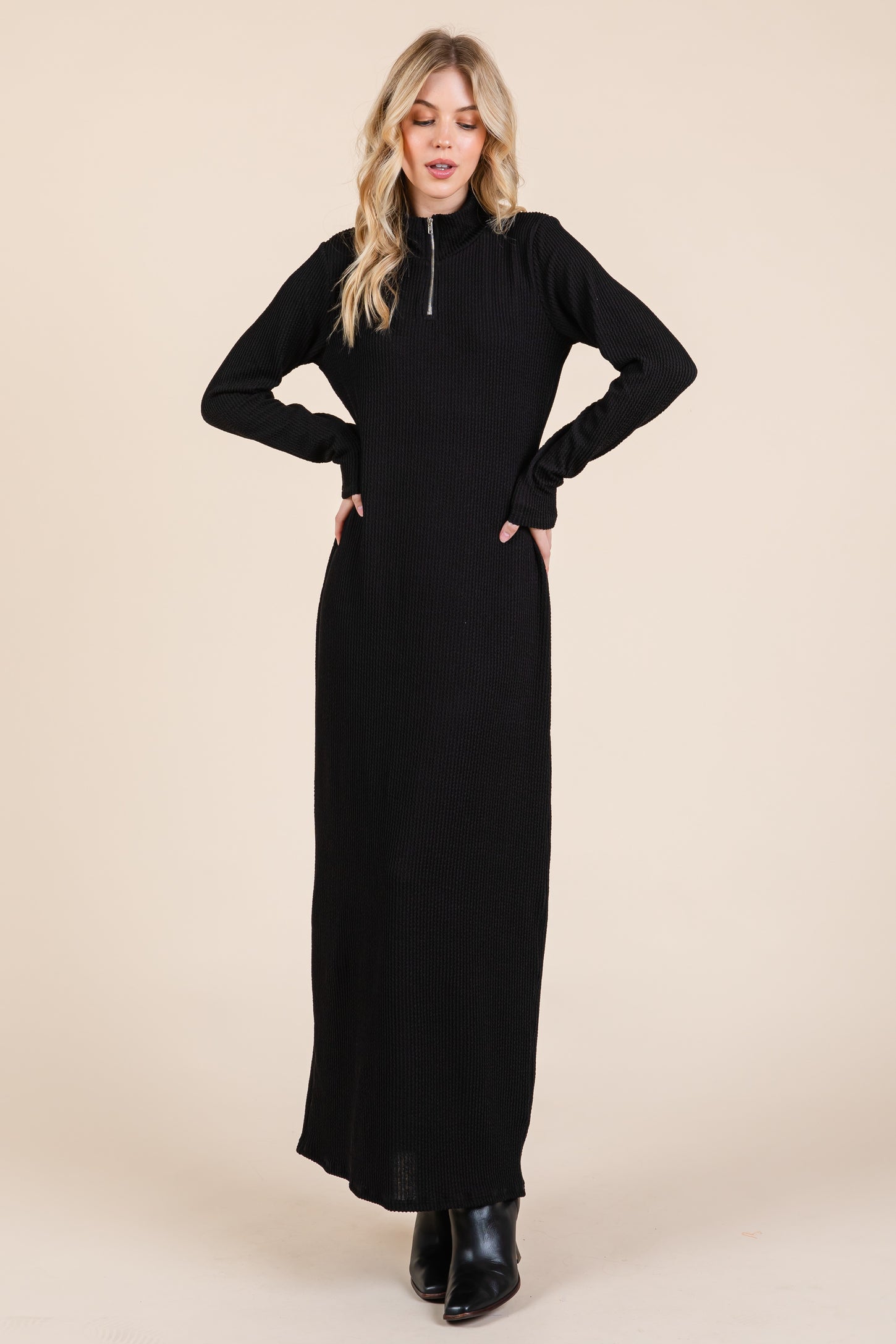 Black Textured Rib Quarter Zip Maternity Maxi Dress