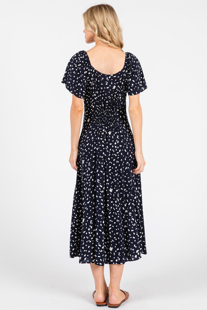 Navy Printed Button Accent Flutter Sleeve Midi Dress