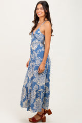 Blue Floral Cutout Tie Back Midi Dress