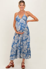 Blue Floral Cutout Tie Back Maternity Midi Dress