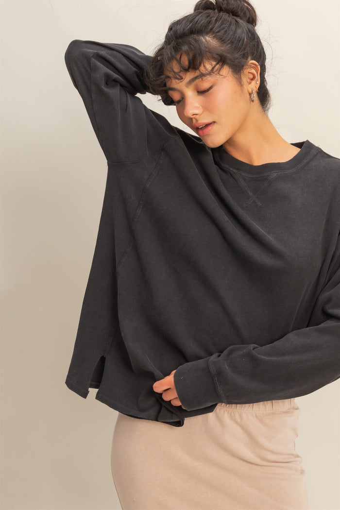Black Mineral Washed Drop Shoulder Long Sleeve Maternity Top