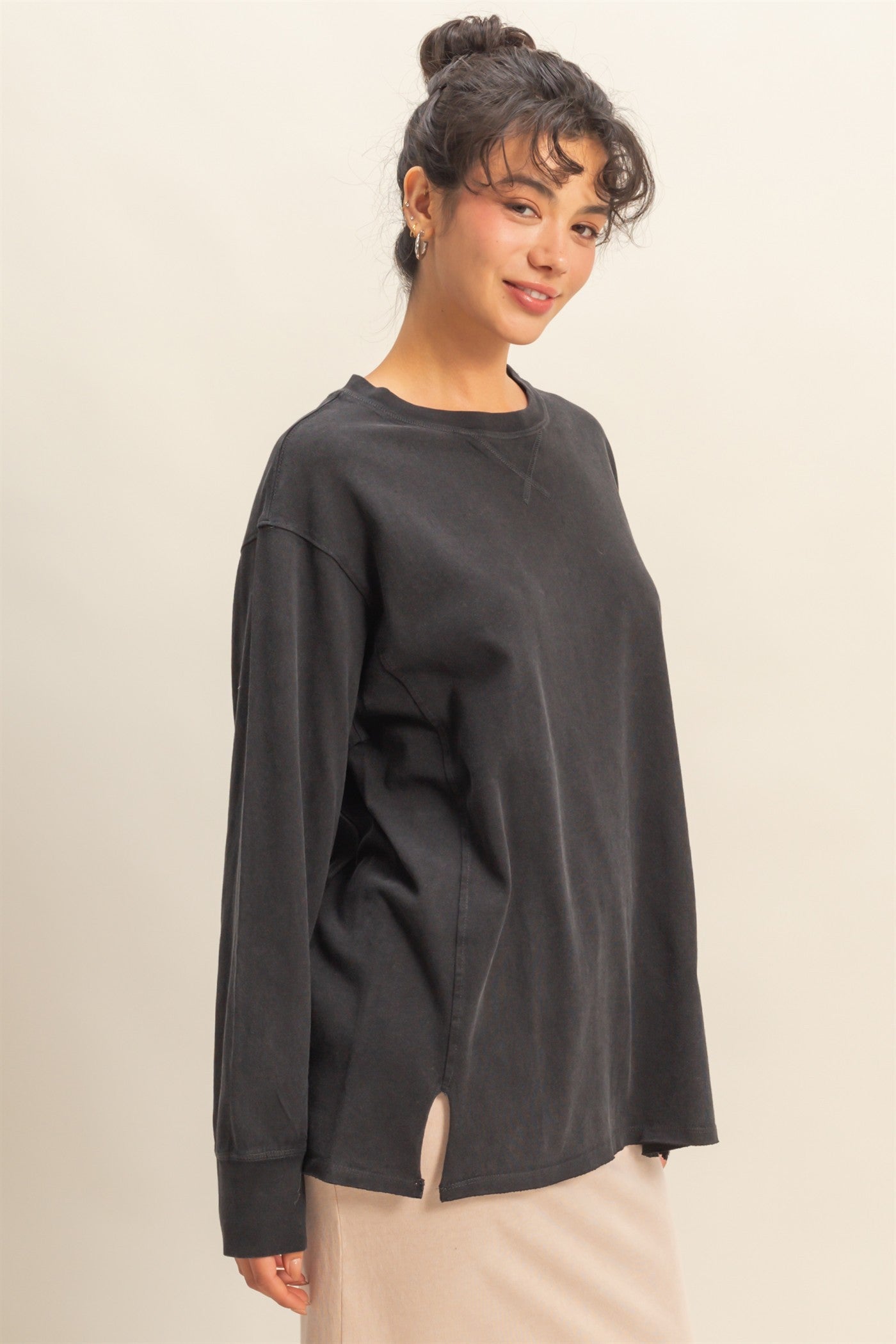 Black Mineral Washed Drop Shoulder Long Sleeve Top