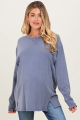 Navy Mineral Washed Drop Shoulder Long Sleeve Maternity Top