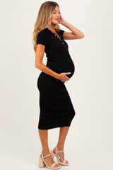 Black Ribbed Knit Maternity Midi Polo Dress