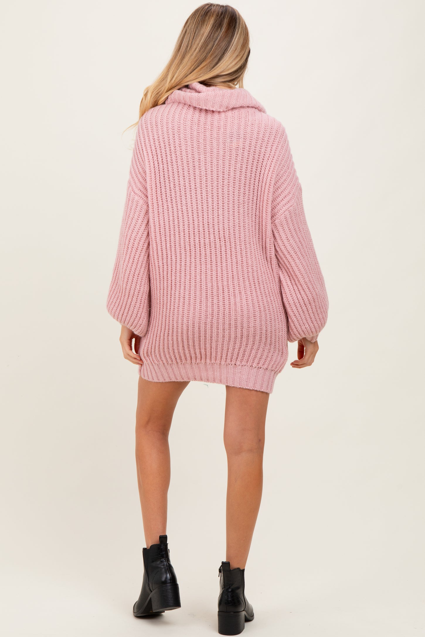Pink Turtleneck Puff Sleeve Maternity Sweater Dress