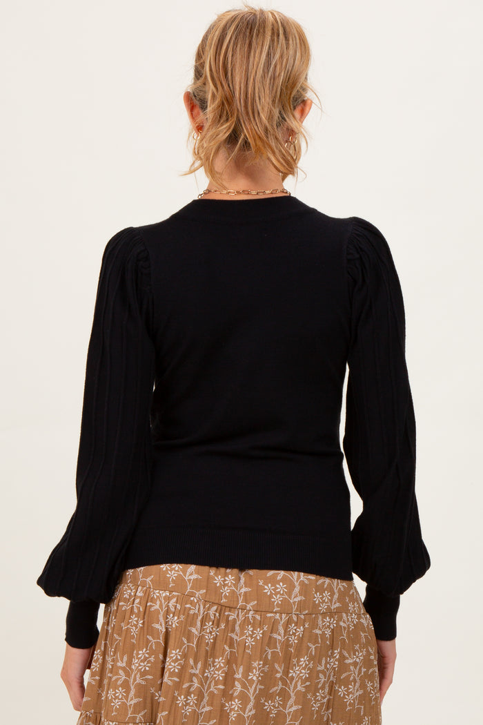 Black Ribbed Bubble Sleeve Maternity Knit Top