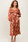 Rust Satin Floral Bubble Sleeve Midi Dress