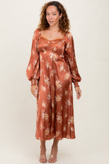 Rust Satin Floral Bubble Sleeve Midi Dress