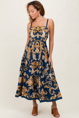 Dark Teal Damask Sleeveless Maternity Maxi Dress