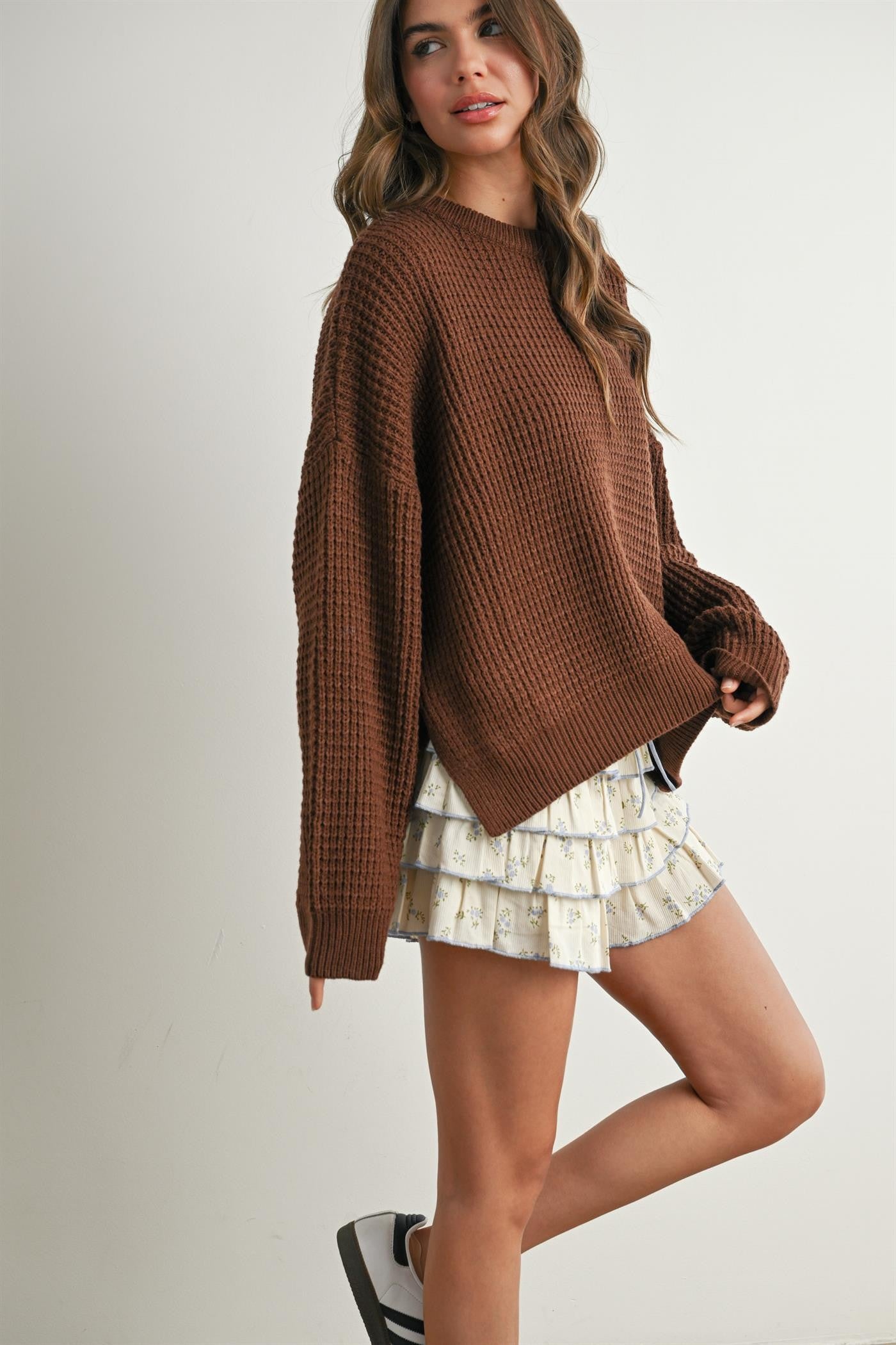 Brown Waffle Knit Side Slit Sweater