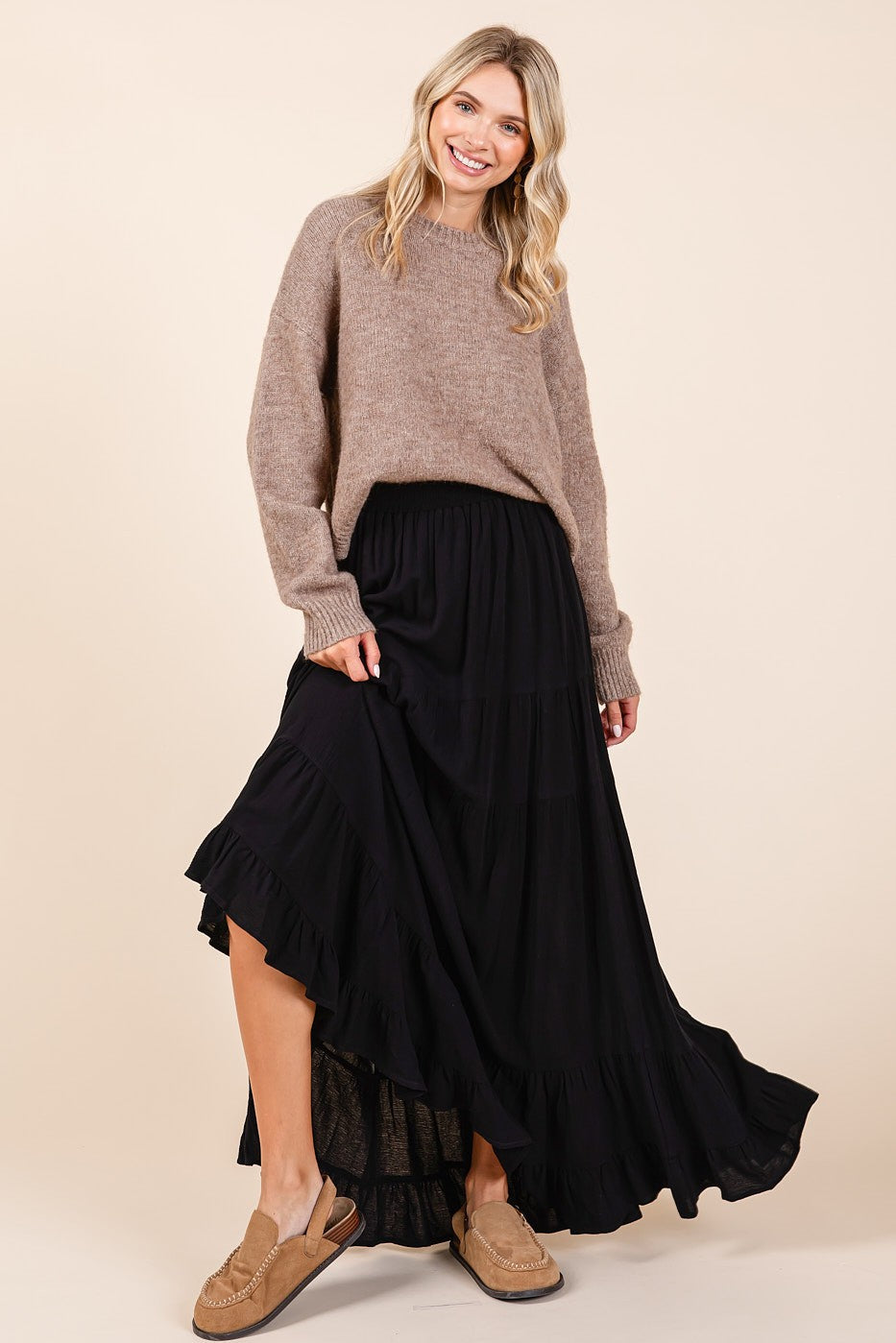Black Tiered Ruffle Hem Maternity Maxi Skirt