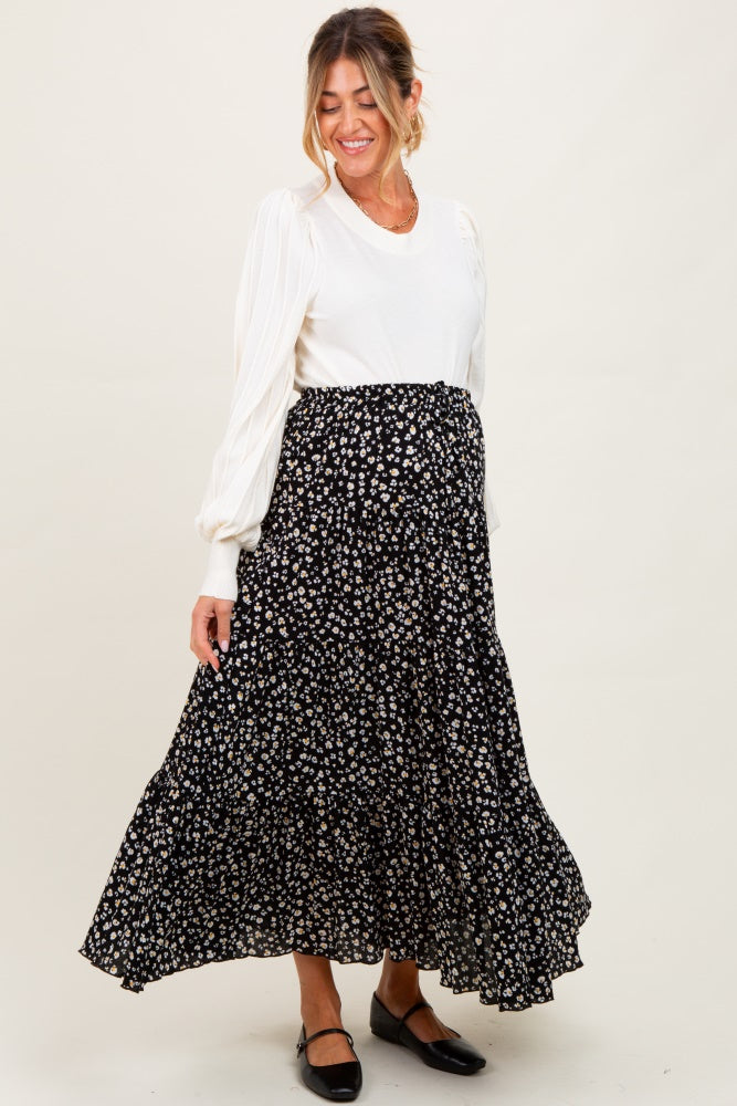 Black Floral Tiered Maternity Maxi Skirt
