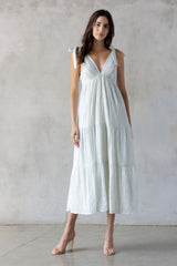 Light Blue V-Neck Shoulder Tie Maternity Midi Dress