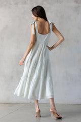 Light Blue V-Neck Shoulder Tie Midi Dress