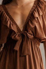 Brown Metallic Chiffon Ruffle V-Neck Midi Dress