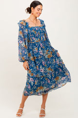 Navy Floral Chiffon Smocked Ruffle Tiered Midi Dress