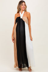 Taupe Colorblock Pleated Halter Neck Maternity Maxi Dress