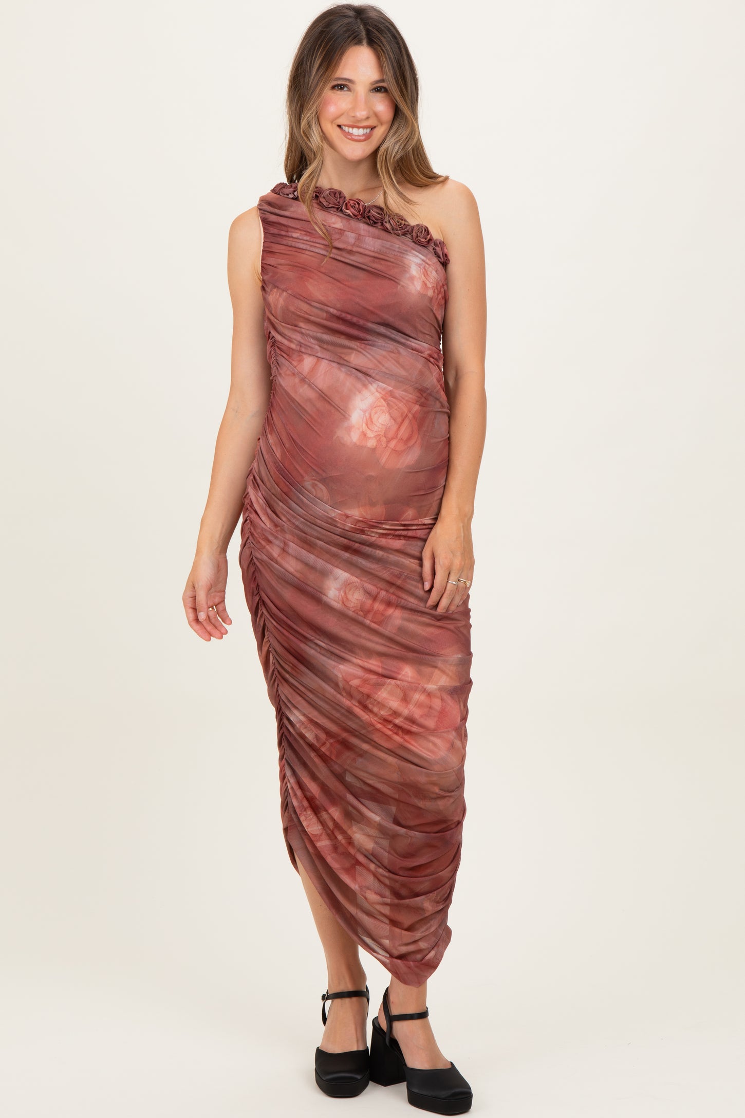 Rust Floral Ruched Rosette One-Shoulder Maternity Midi Dress