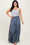 Blue Floral Smocked Waist Tiered Maxi Skirt