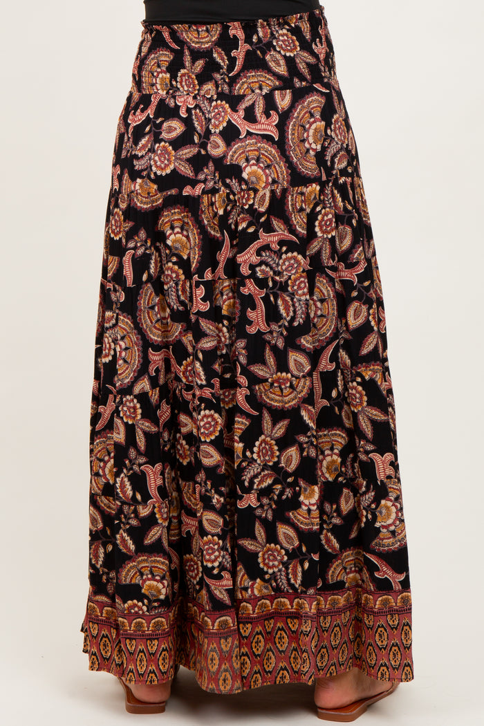 Black Paisley Smocked Waist Tiered Maternity Maxi Skirt