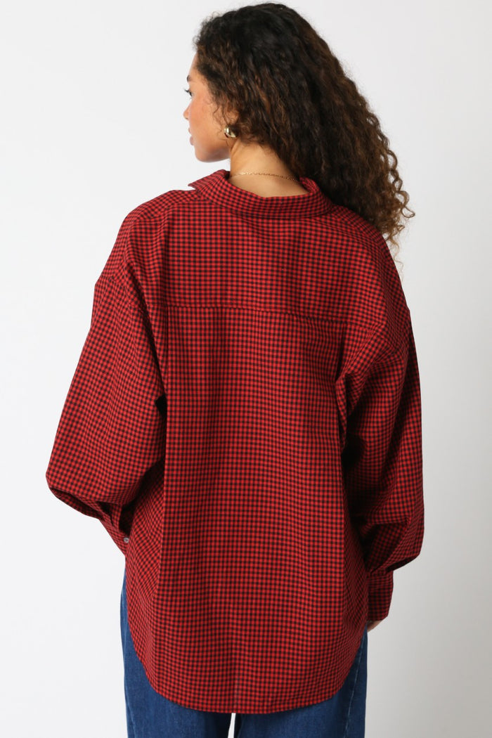 Red Plaid Linen Blend Button Down Shirt