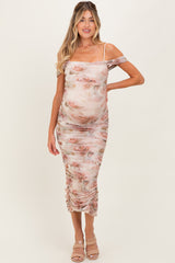 Cream Rose Floral Mesh Ruched Off Shoulder Maternity Midi Dress