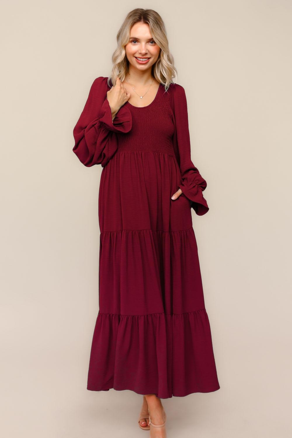 Burgundy Smocked Tiered Long Sleeve Maxi Dress