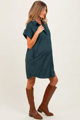 Forest Green Faux Suede Button Down Maternity Shirt Dress