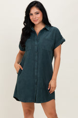 Forest Green Faux Suede Button Down Maternity Shirt Dress