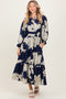 Navy Floral Long 3/4 Sleeve Tiered Midi Dress
