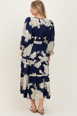 Navy Floral Long 3/4 Sleeve Tiered Midi Dress