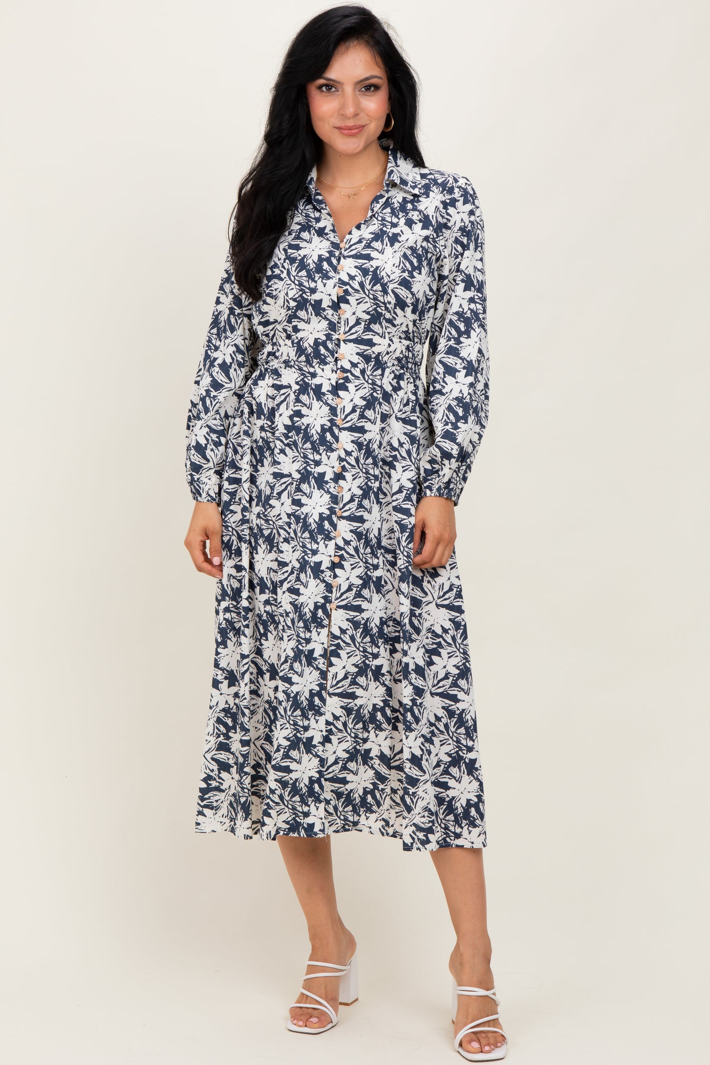 Navy Floral Button Down Long Sleeve Midi Dress