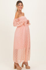 Peach Lace Overlay Smocked Maternity Maxi Dress