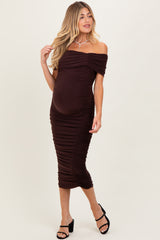 Brown Off Shoulder Ruched Maternity Midi Dress