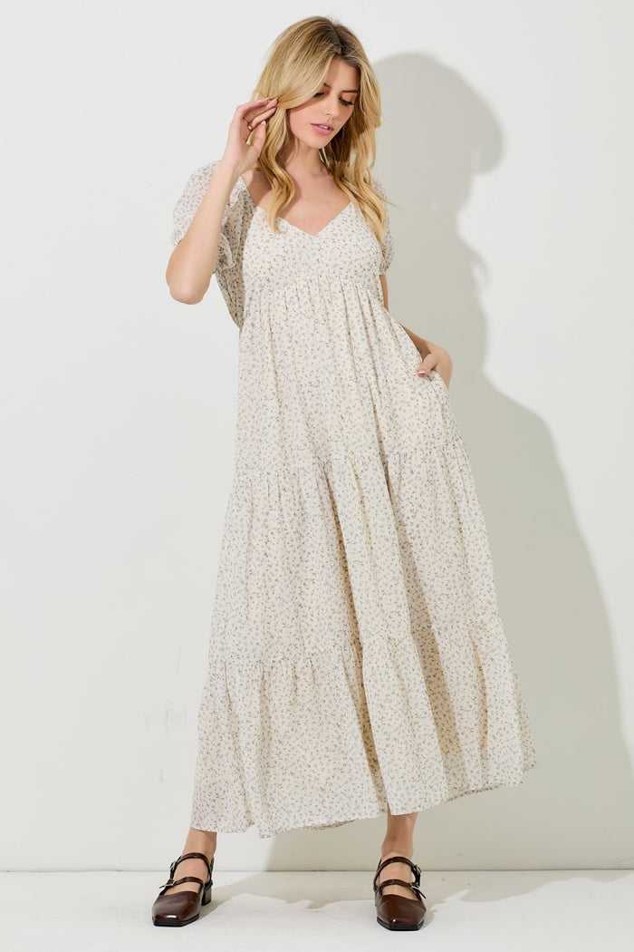 Cream Floral Chiffon Tiered Maxi Dress