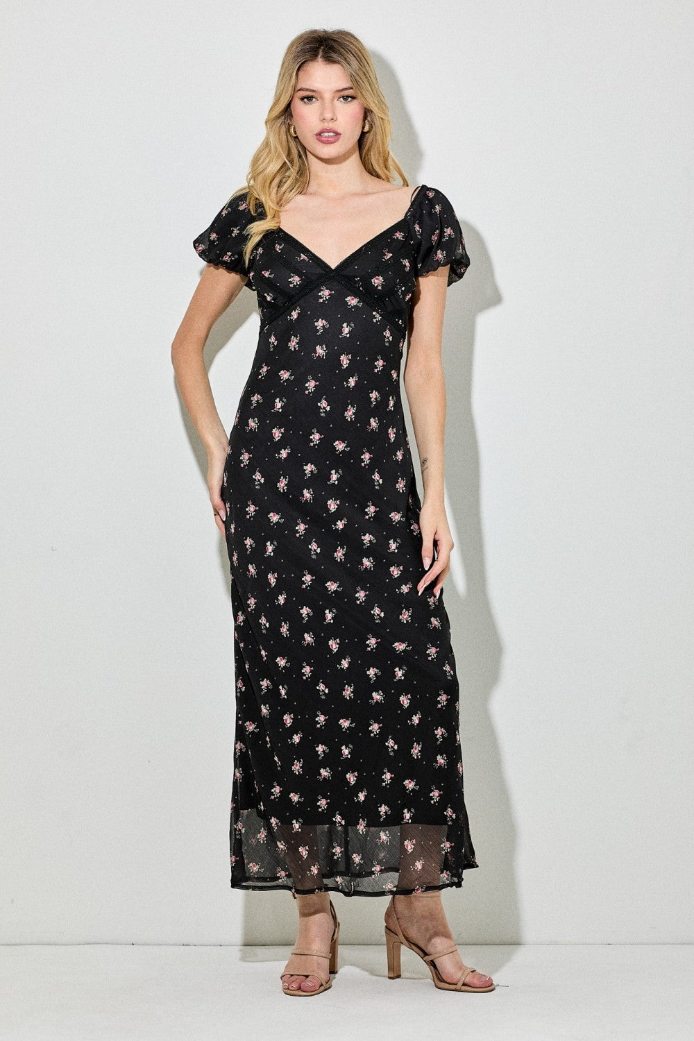 Black Floral Chiffon Maternity Midi Dress