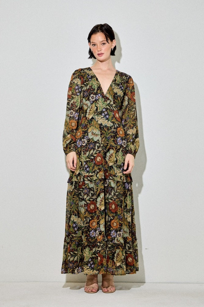 Black Floral Chiffon V-Neck Long Sleeve Maxi Dress