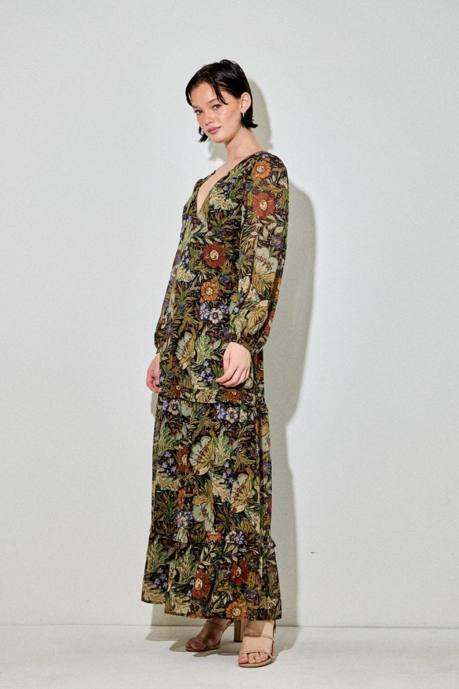 Black Floral Chiffon V-Neck Long Sleeve Maxi Dress