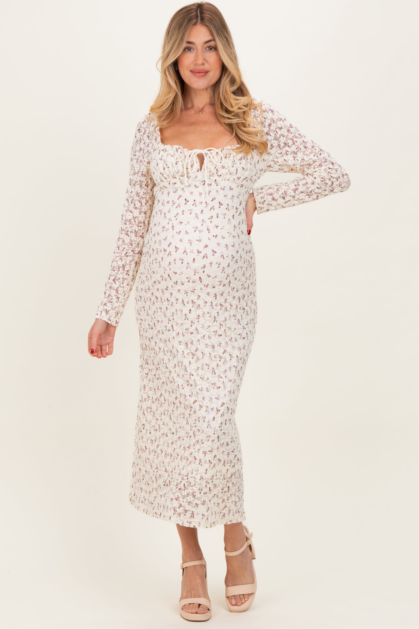Cream Floral Sweetheart Neckline Long Sleeve Maternity Maxi Dress