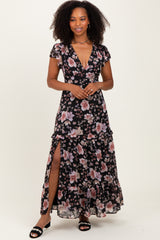 Black Floral V-Neck Side Silt Maternity Maxi Dress