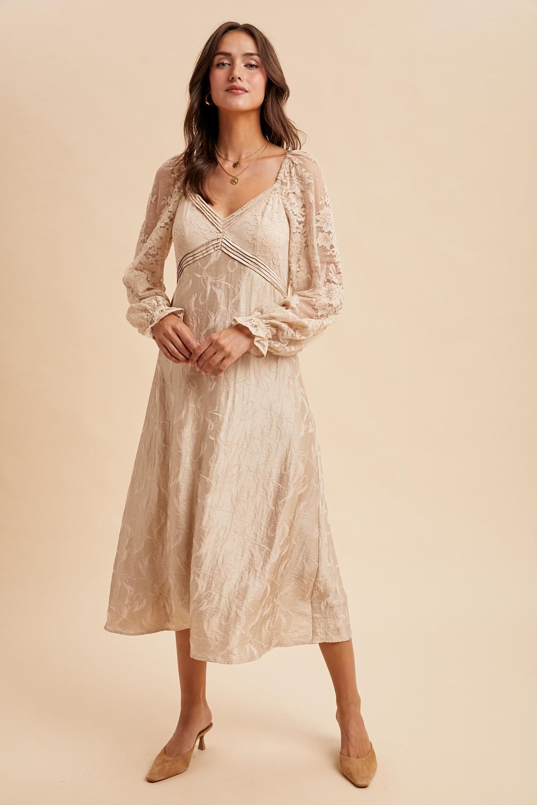 Cream Lace Jacquard Long Sleeve Maternity Midi Dress