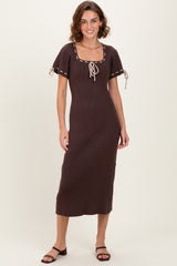 Brown Ribbed Knit Stitch Detail Midi Dress