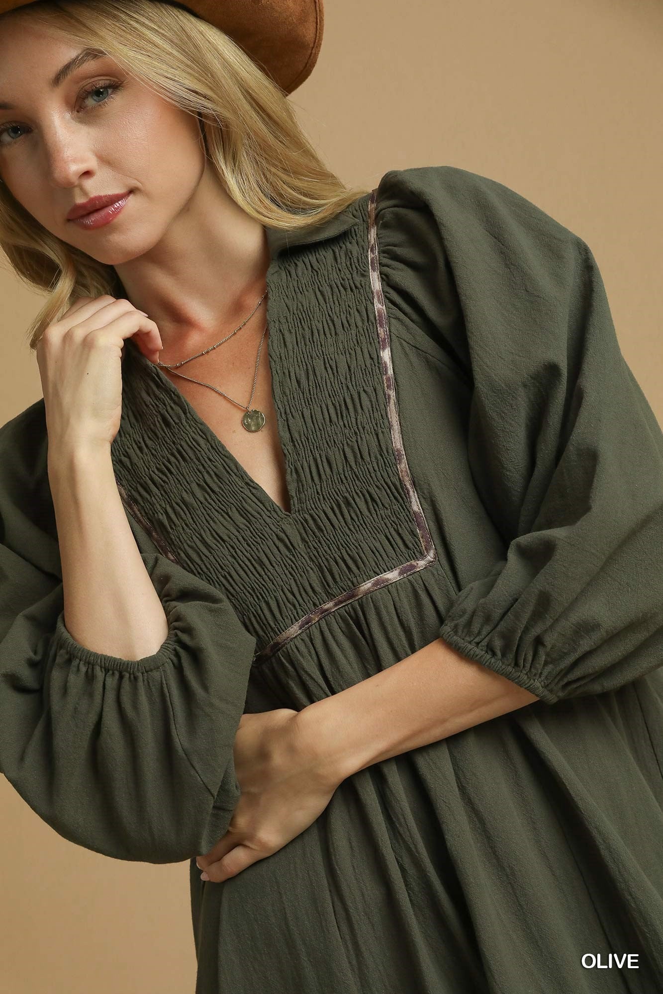 Olive V-Neck Contrast Trim 3/4 Sleeve Midi Dress