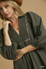 Olive V-Neck Contrast Trim 3/4 Sleeve Midi Dress