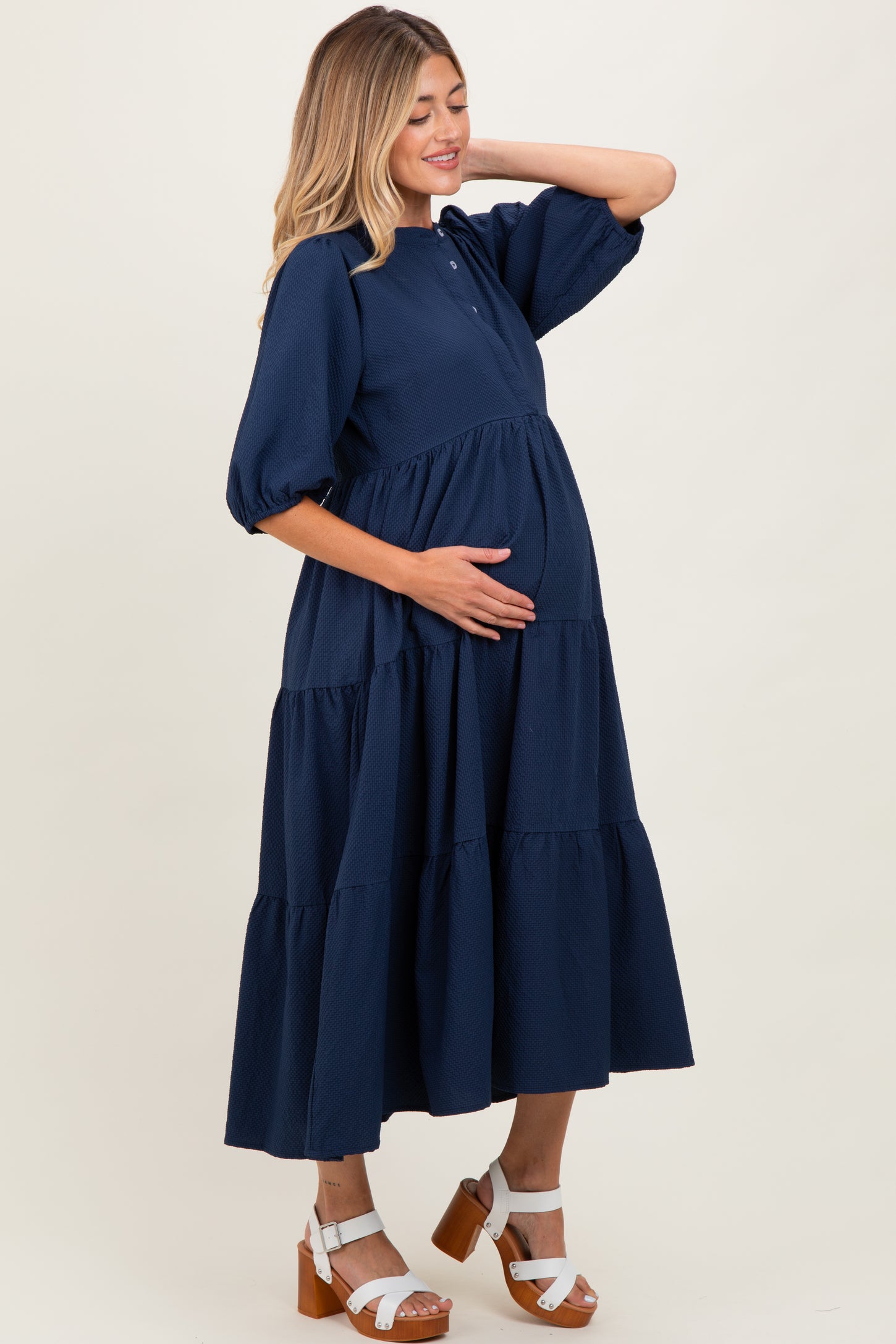 Navy Textured Tiered Puff Sleeve Maternity Midi Dress